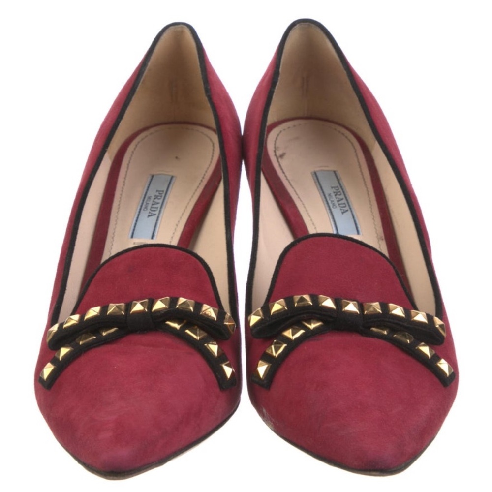 Prada Women's Red Suede Heels with Gold Studs 8.5